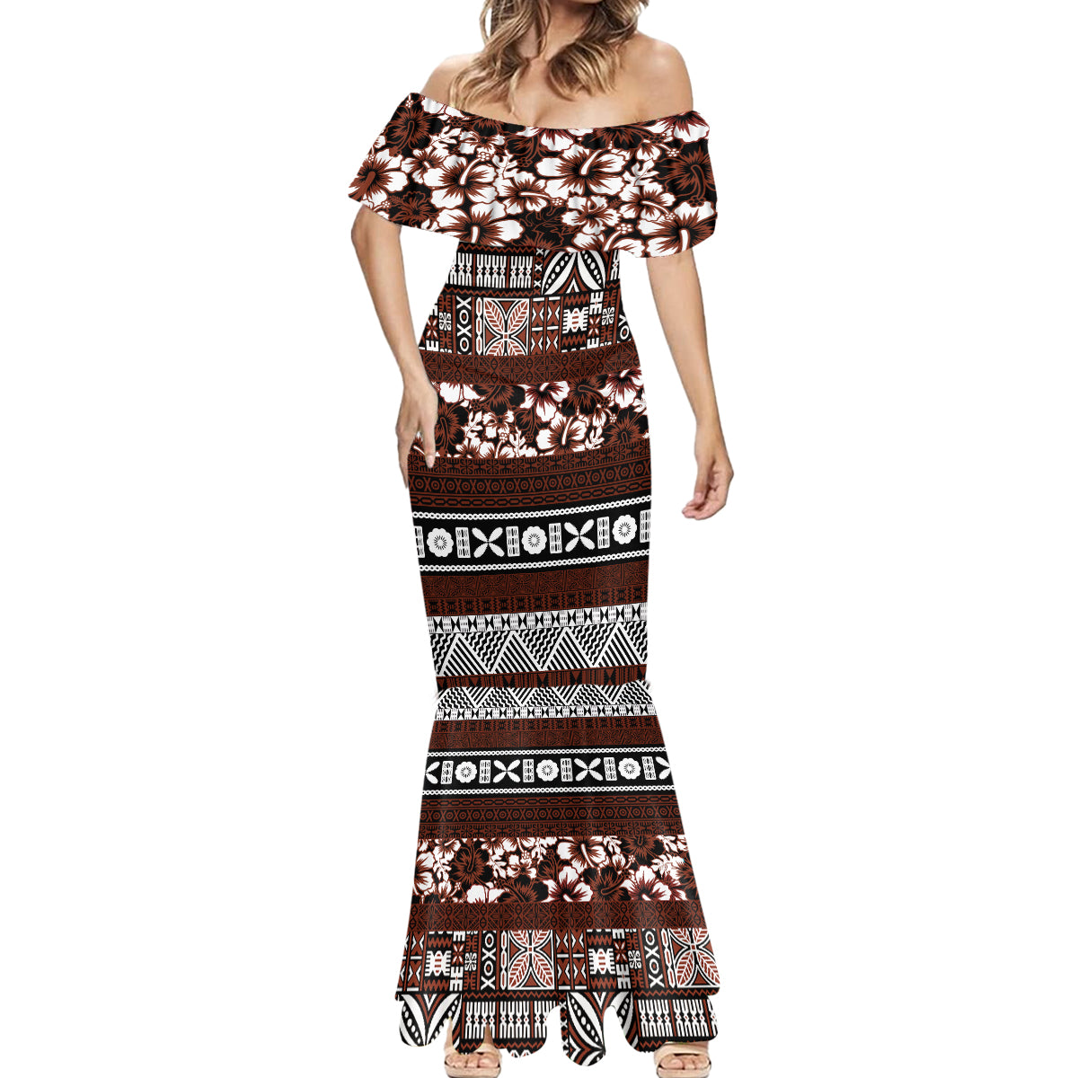 Bula Fiji Mermaid Dress Fijian Tapa Masi With Hibiscus Flowers - Wonder Print Shop