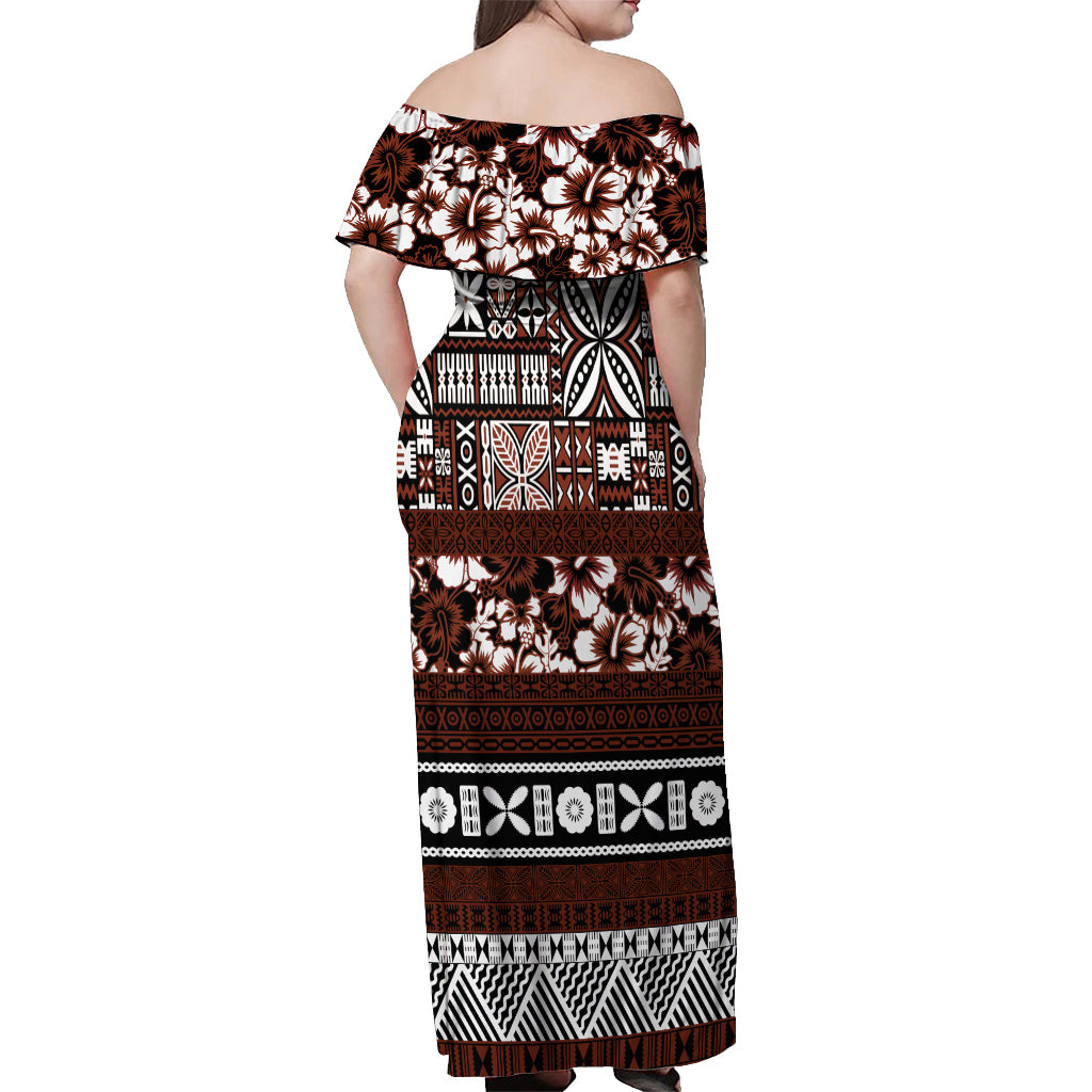 Bula Fiji Off Shoulder Maxi Dress Fijian Tapa Masi With Hibiscus Flowers - Wonder Print Shop