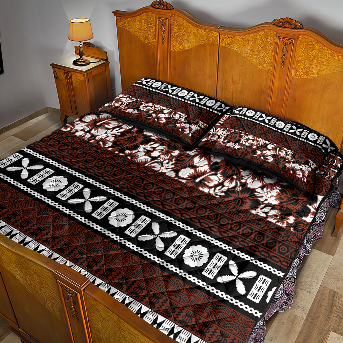 Bula Fiji Quilt Bed Set Fijian Tapa Masi With Hibiscus Flowers - Wonder Print Shop