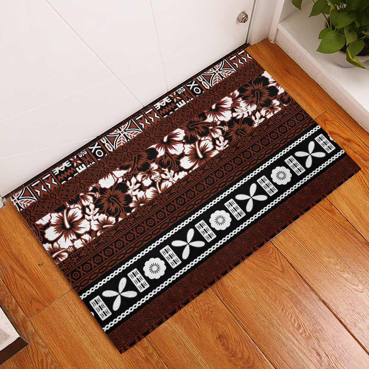 Bula Fiji Rubber Doormat Fijian Tapa Masi With Hibiscus Flowers - Wonder Print Shop