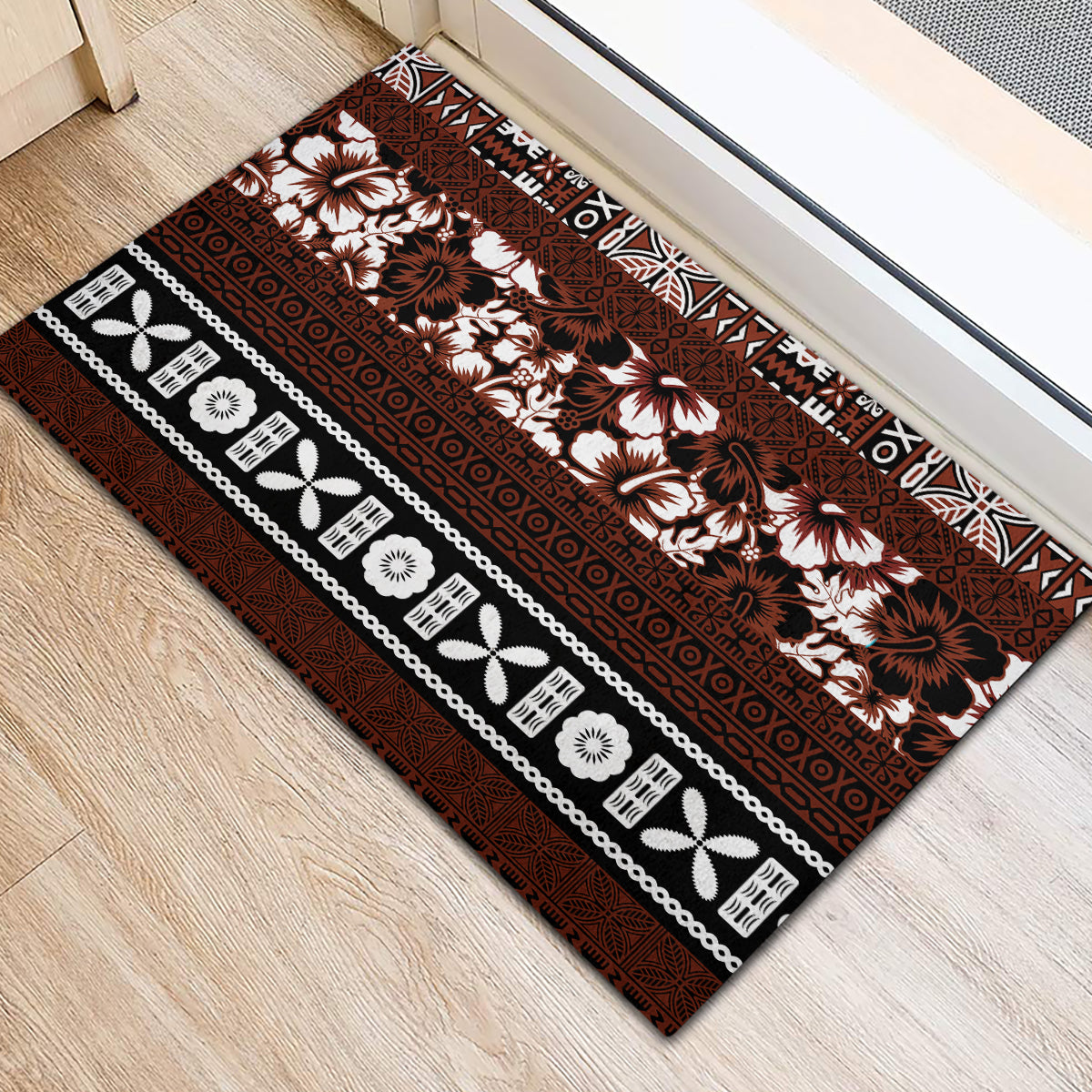 Bula Fiji Rubber Doormat Fijian Tapa Masi With Hibiscus Flowers - Wonder Print Shop