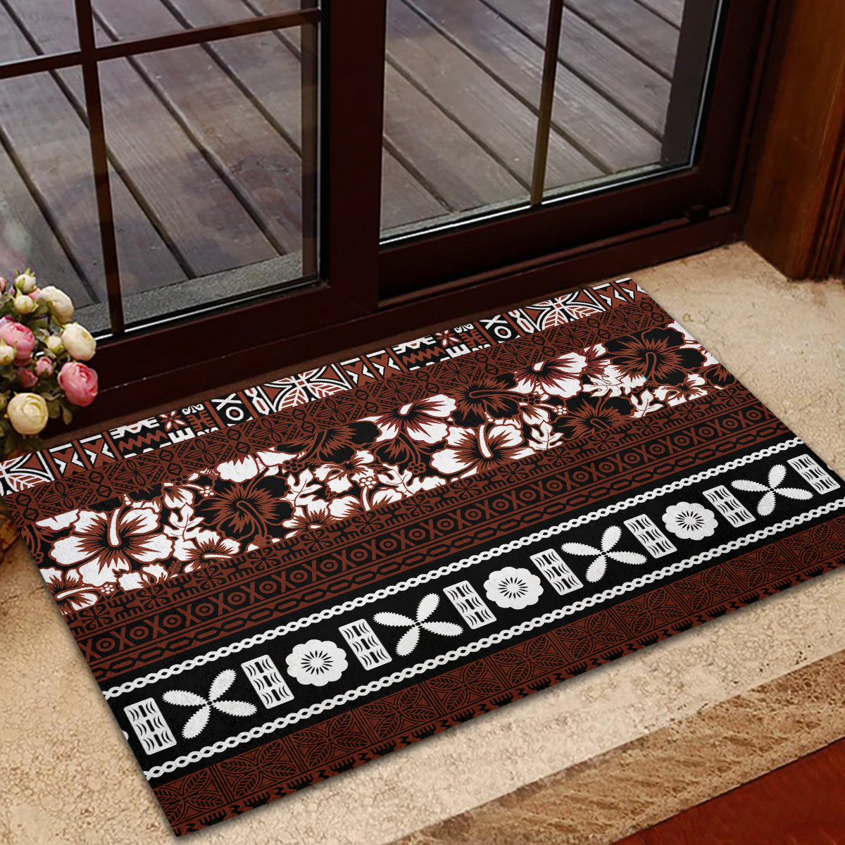 Bula Fiji Rubber Doormat Fijian Tapa Masi With Hibiscus Flowers - Wonder Print Shop