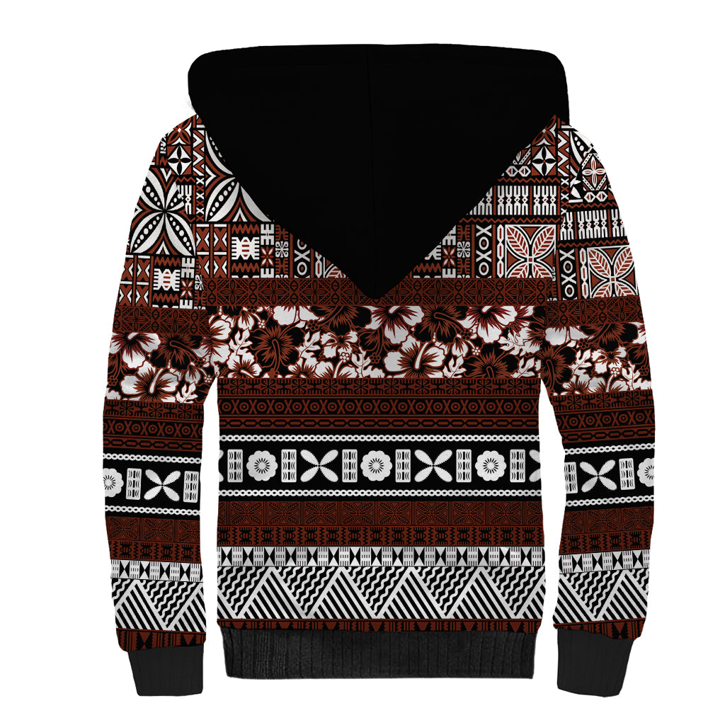Bula Fiji Sherpa Hoodie Fijian Tapa Masi With Hibiscus Flowers - Wonder Print Shop