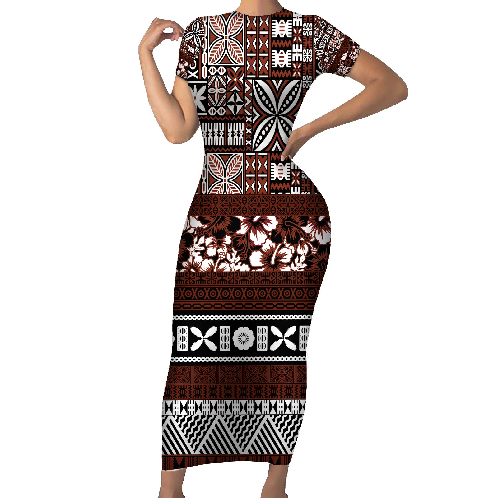 Bula Fiji Short Sleeve Bodycon Dress Fijian Tapa Masi With Hibiscus Flowers - Wonder Print Shop