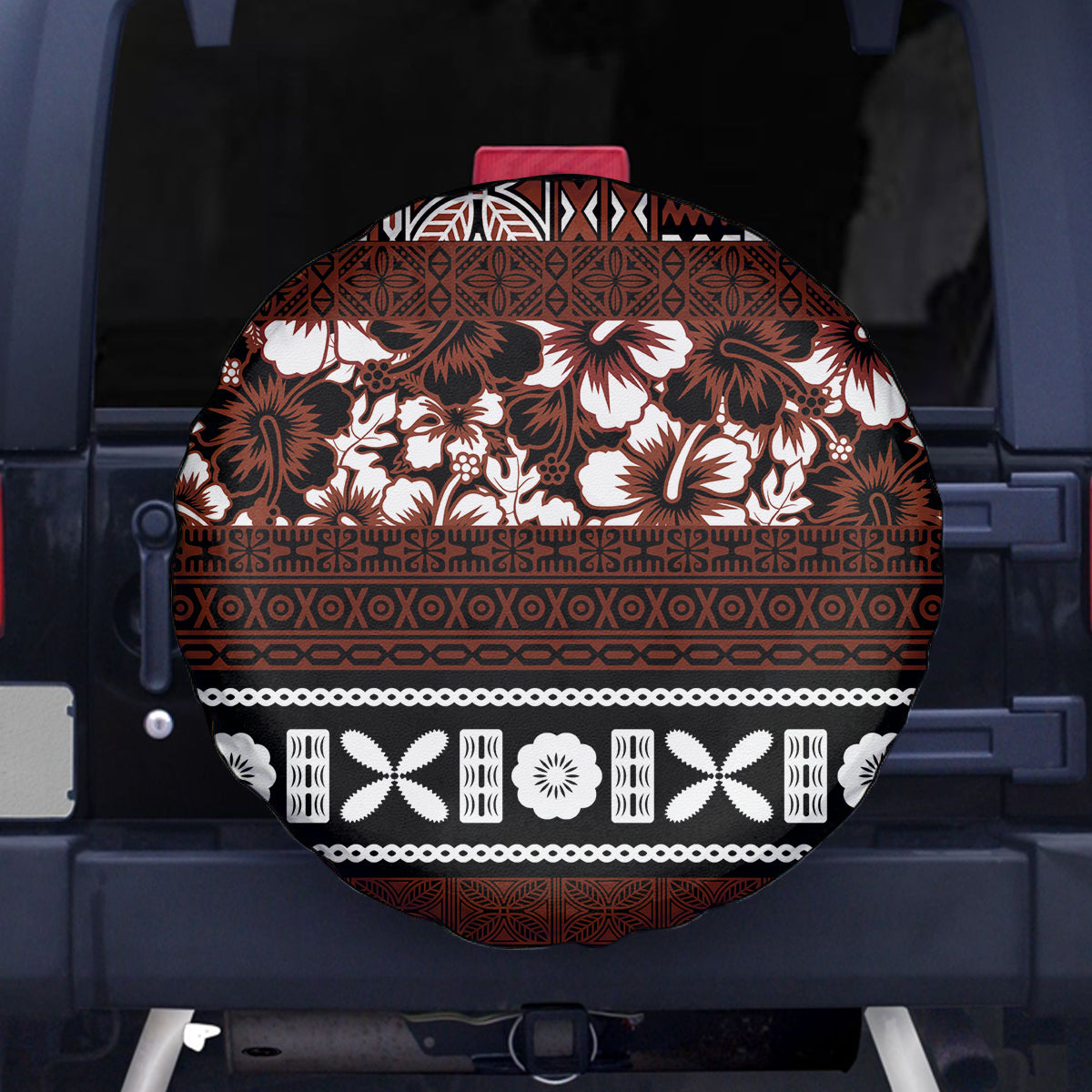 Bula Fiji Spare Tire Cover Fijian Tapa Masi With Hibiscus Flowers - Wonder Print Shop