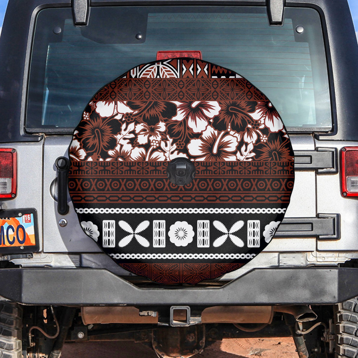 Bula Fiji Spare Tire Cover Fijian Tapa Masi With Hibiscus Flowers - Wonder Print Shop