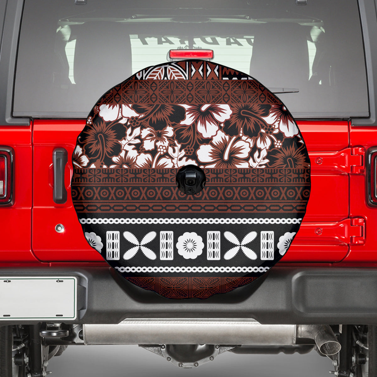 Bula Fiji Spare Tire Cover Fijian Tapa Masi With Hibiscus Flowers - Wonder Print Shop