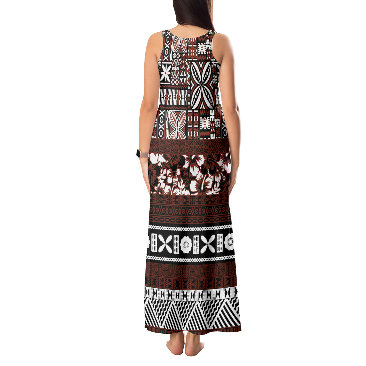 Bula Fiji Tank Maxi Dress Fijian Tapa Masi With Hibiscus Flowers - Wonder Print Shop