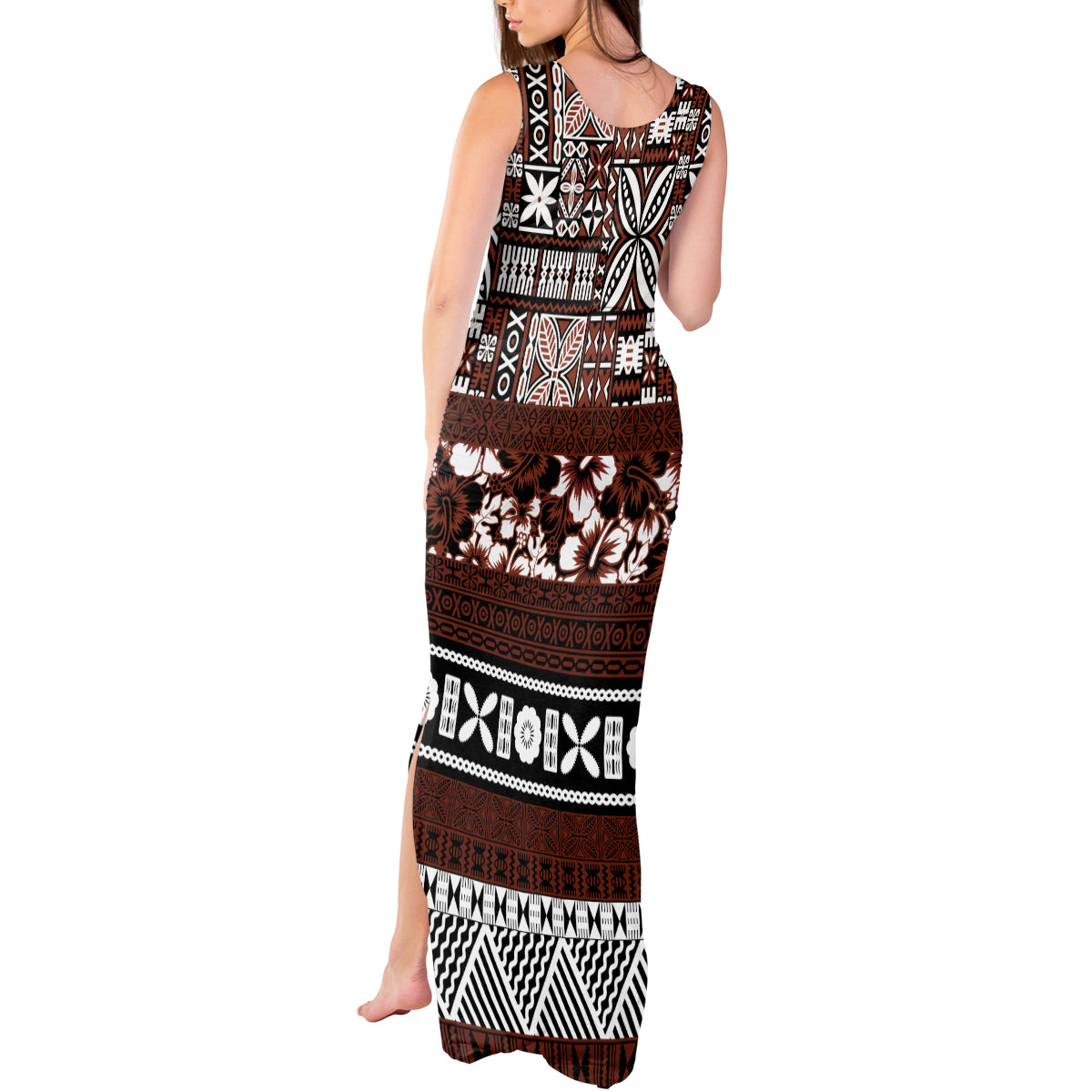 Bula Fiji Tank Maxi Dress Fijian Tapa Masi With Hibiscus Flowers - Wonder Print Shop