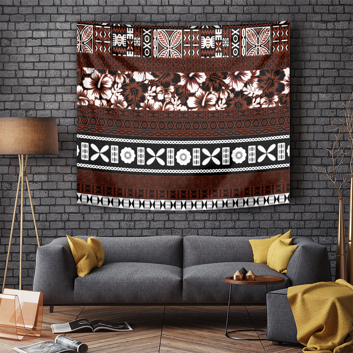 Bula Fiji Tapestry Fijian Tapa Masi With Hibiscus Flowers - Wonder Print Shop