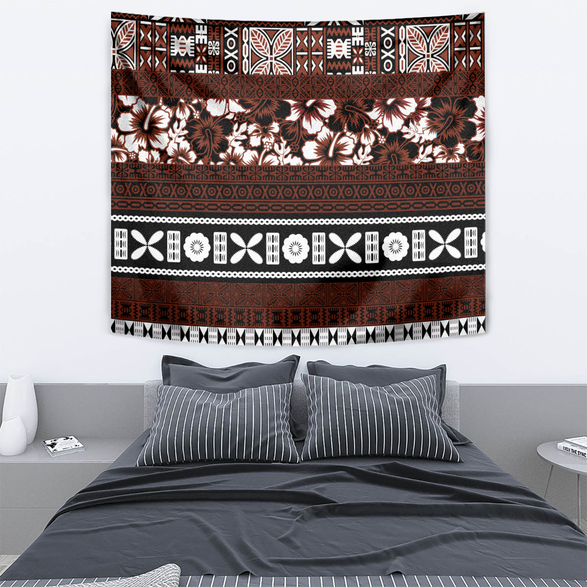 Bula Fiji Tapestry Fijian Tapa Masi With Hibiscus Flowers - Wonder Print Shop