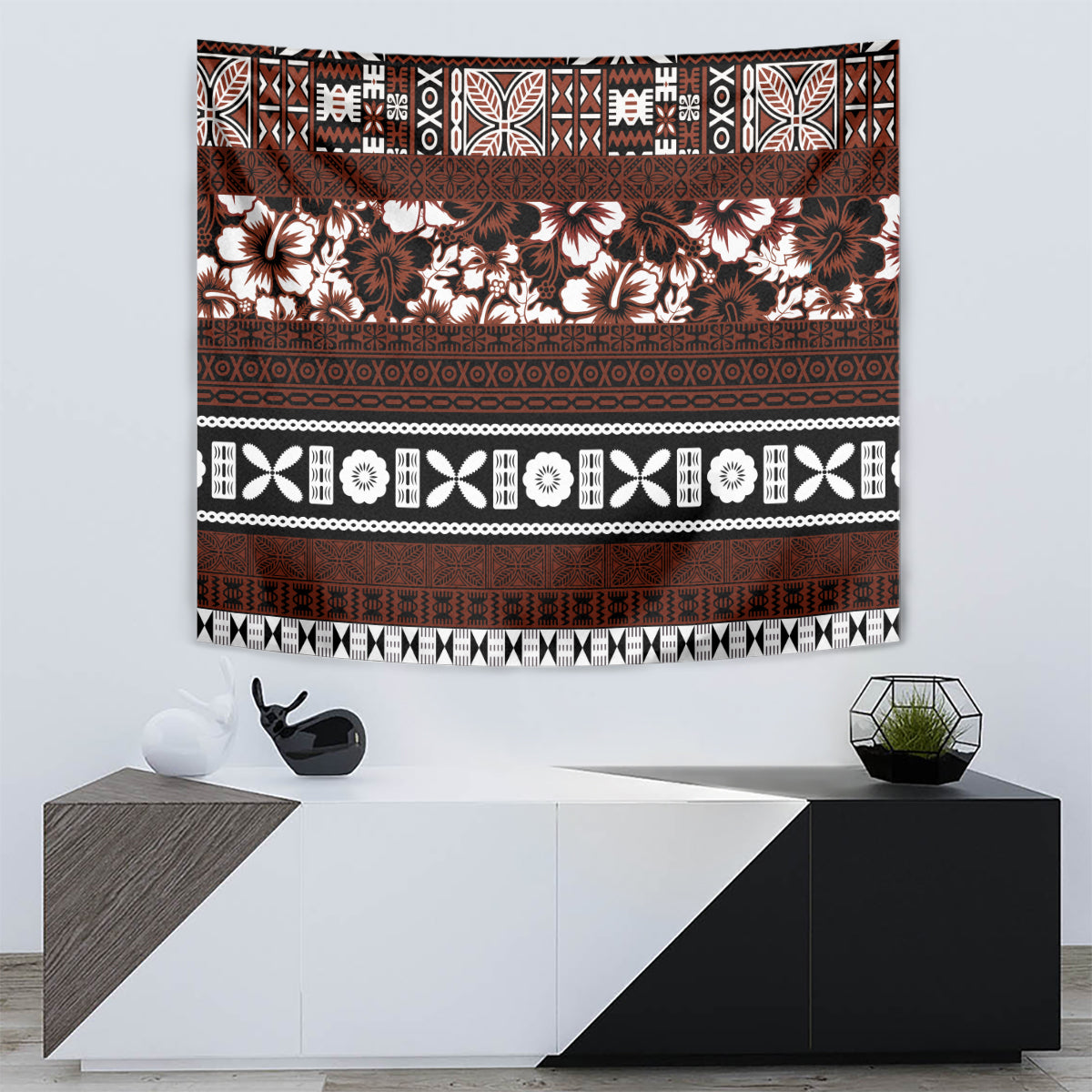 Bula Fiji Tapestry Fijian Tapa Masi With Hibiscus Flowers - Wonder Print Shop