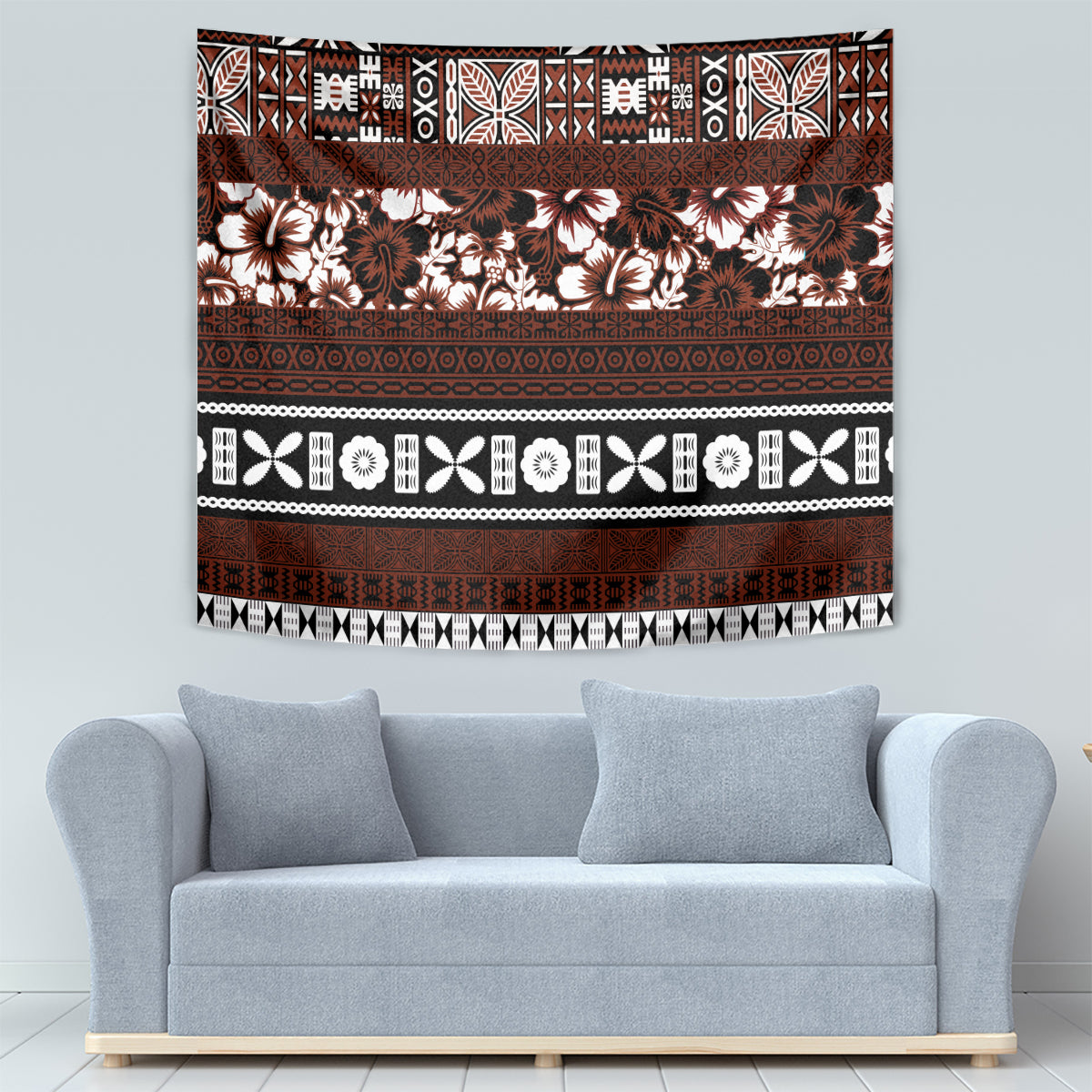 Bula Fiji Tapestry Fijian Tapa Masi With Hibiscus Flowers - Wonder Print Shop
