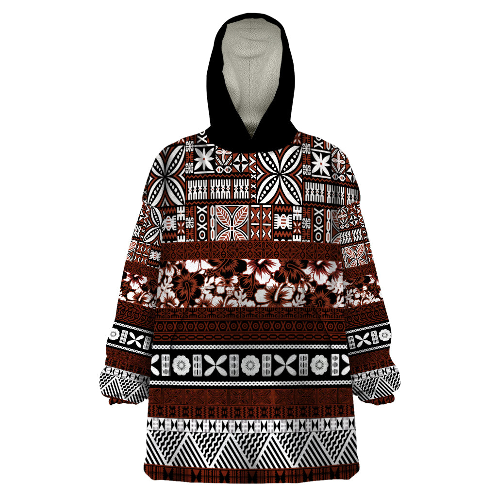 Bula Fiji Wearable Blanket Hoodie Fijian Tapa Masi With Hibiscus Flowers - Wonder Print Shop