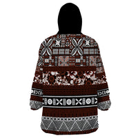 Bula Fiji Wearable Blanket Hoodie Fijian Tapa Masi With Hibiscus Flowers - Wonder Print Shop