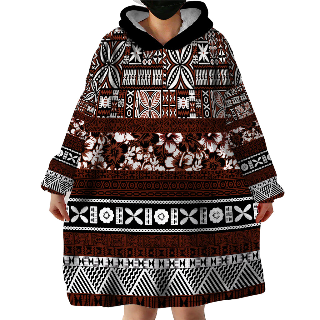 Bula Fiji Wearable Blanket Hoodie Fijian Tapa Masi With Hibiscus Flowers - Wonder Print Shop