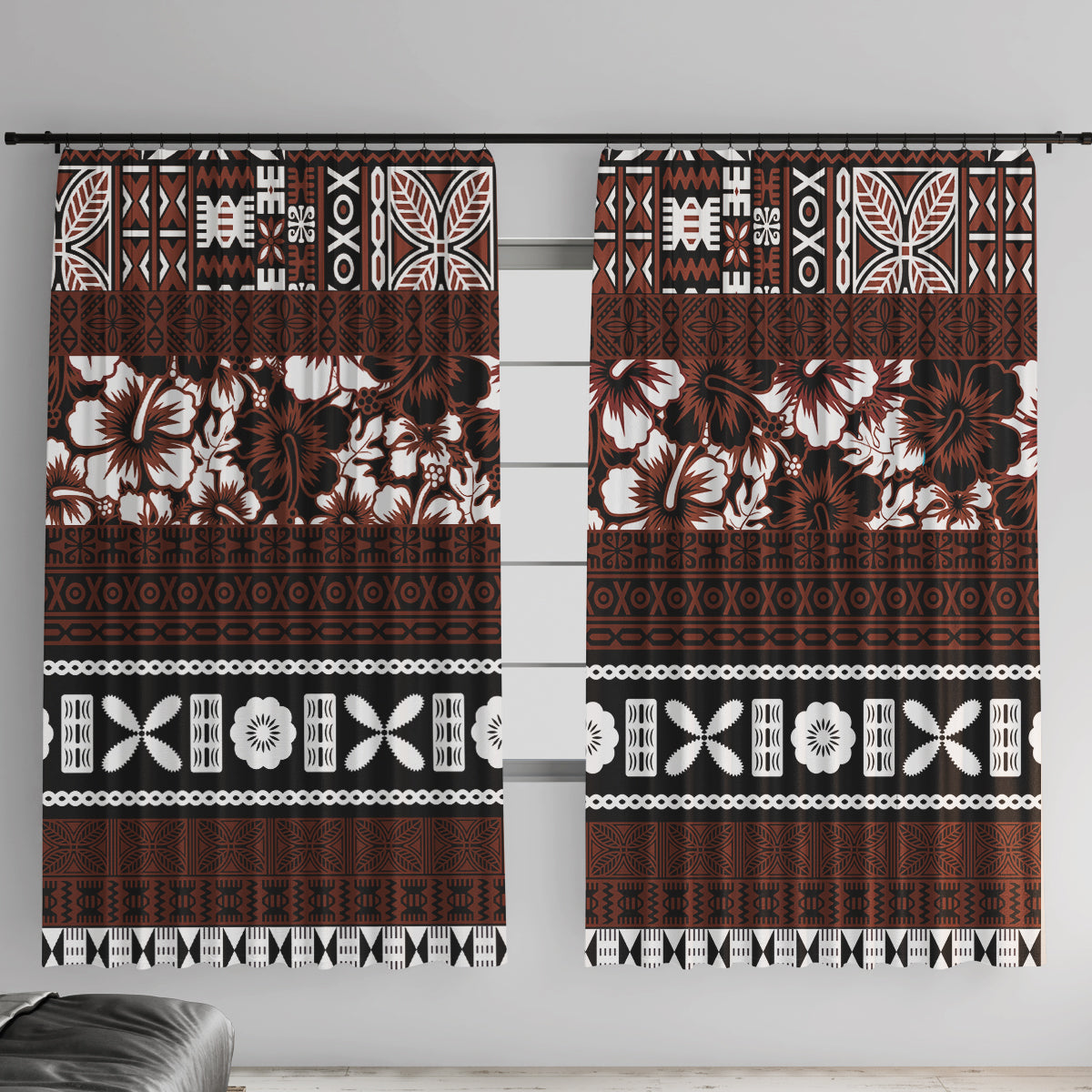 Bula Fiji Window Curtain Fijian Tapa Masi With Hibiscus Flowers - Wonder Print Shop
