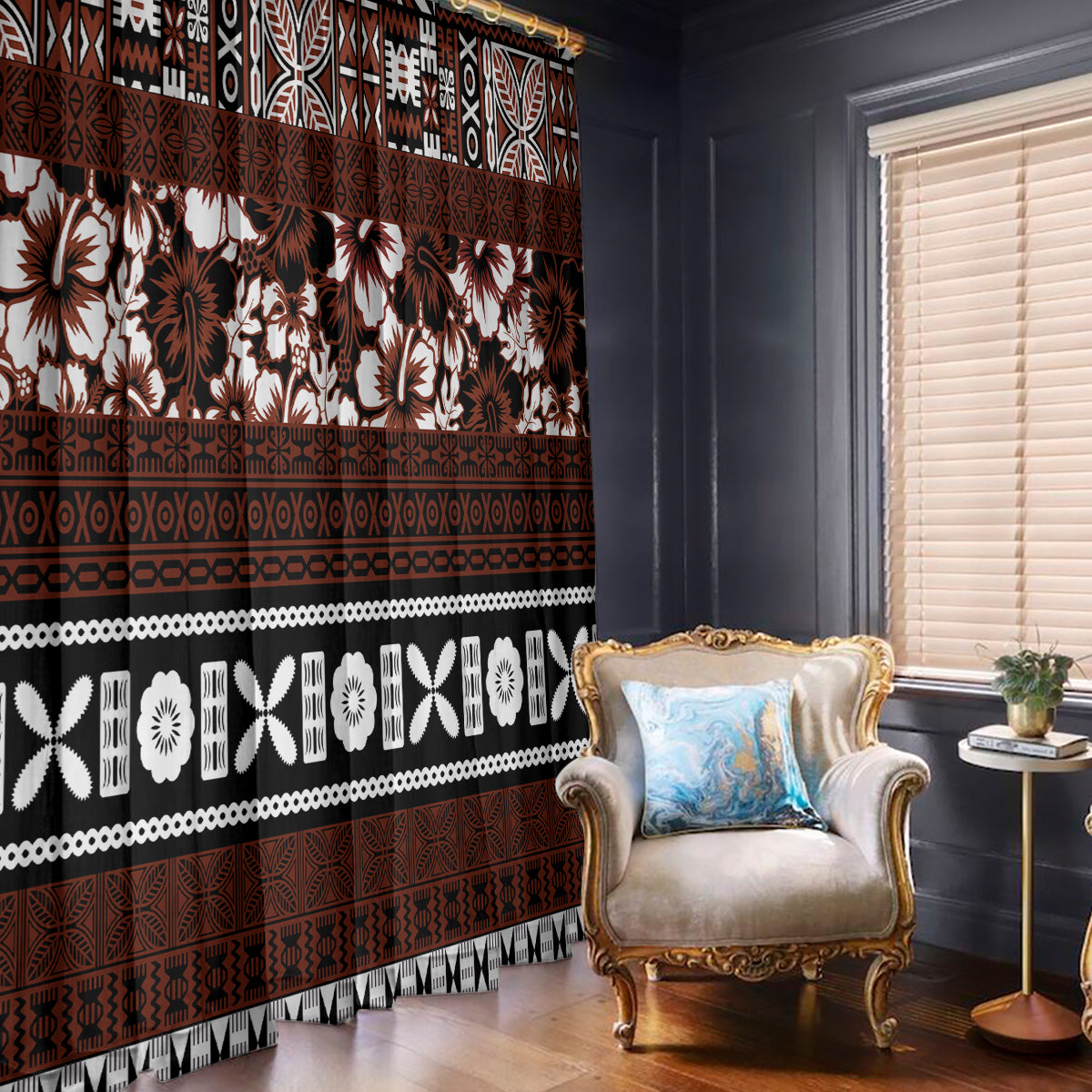 Bula Fiji Window Curtain Fijian Tapa Masi With Hibiscus Flowers - Wonder Print Shop