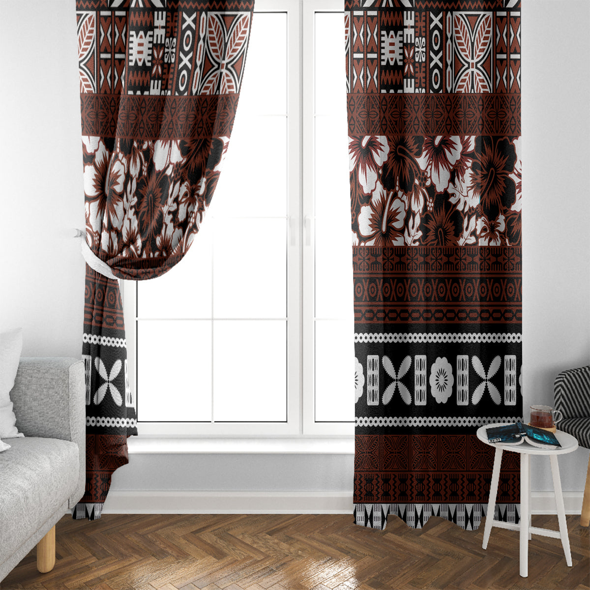Bula Fiji Window Curtain Fijian Tapa Masi With Hibiscus Flowers - Wonder Print Shop