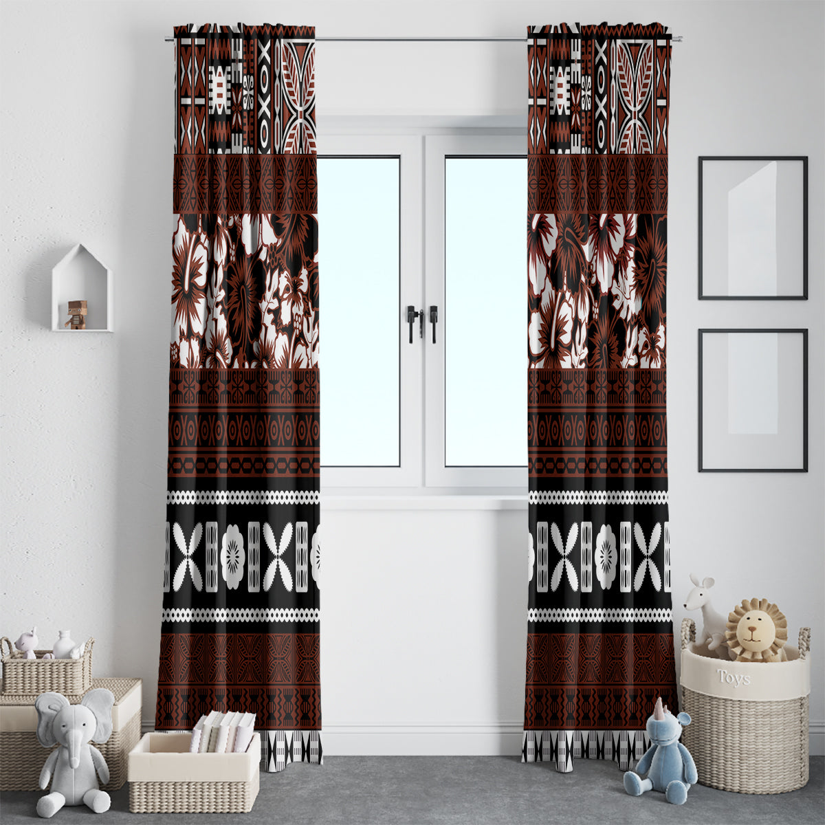 Bula Fiji Window Curtain Fijian Tapa Masi With Hibiscus Flowers - Wonder Print Shop