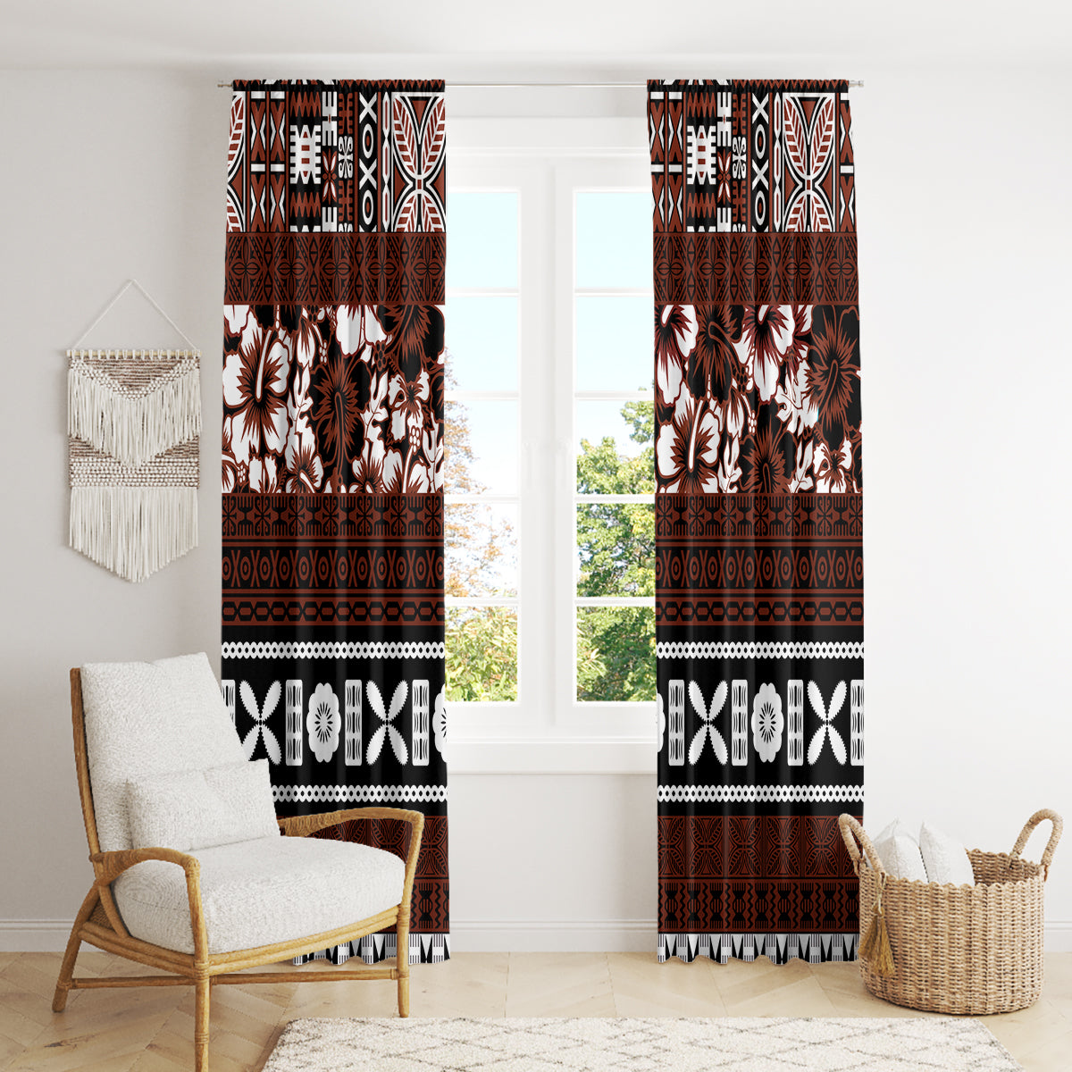 Bula Fiji Window Curtain Fijian Tapa Masi With Hibiscus Flowers - Wonder Print Shop