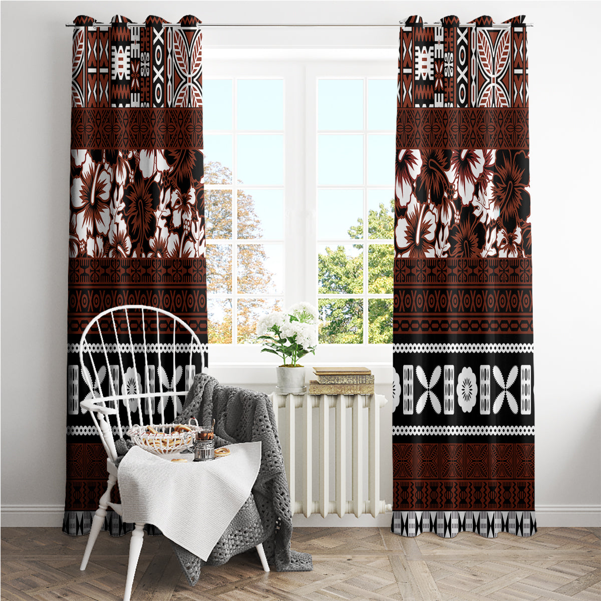 Bula Fiji Window Curtain Fijian Tapa Masi With Hibiscus Flowers - Wonder Print Shop