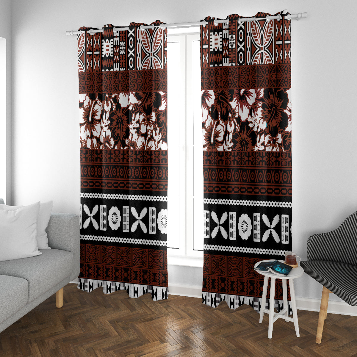 Bula Fiji Window Curtain Fijian Tapa Masi With Hibiscus Flowers - Wonder Print Shop