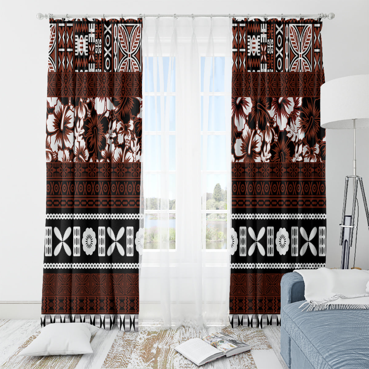 Bula Fiji Window Curtain Fijian Tapa Masi With Hibiscus Flowers - Wonder Print Shop