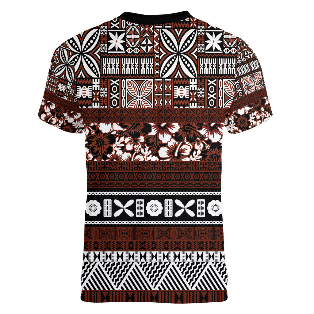 Bula Fiji Women V Neck T Shirt Fijian Tapa Masi With Hibiscus Flowers - Wonder Print Shop