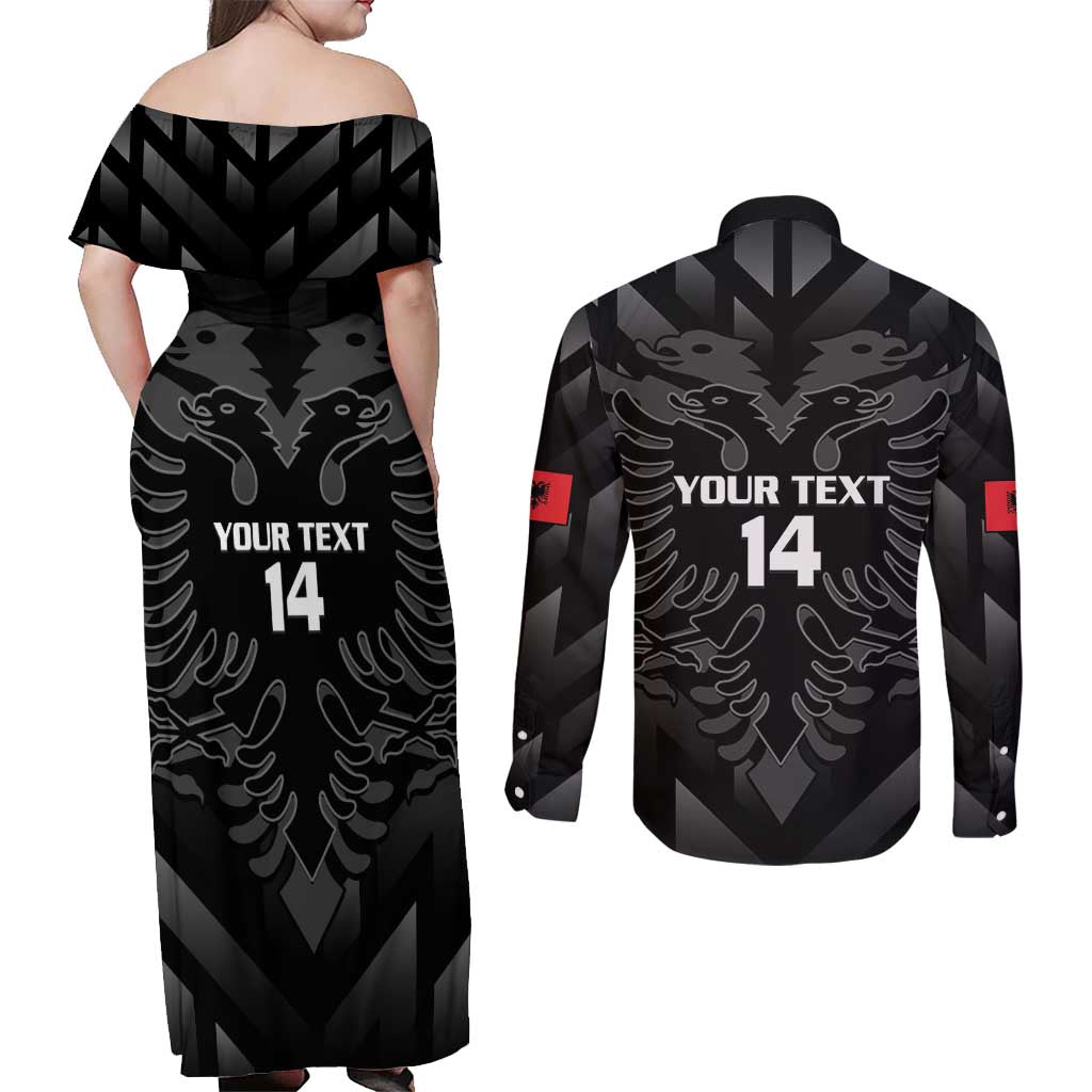 Custom Albania Football Couples Matching Off Shoulder Maxi Dress and Long Sleeve Button Shirt Albanian Kastrioti Eagle - Black Style - Wonder Print Shop