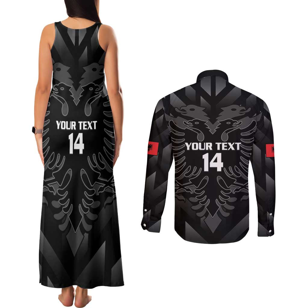 Custom Albania Football Couples Matching Tank Maxi Dress and Long Sleeve Button Shirt Albanian Kastrioti Eagle - Black Style - Wonder Print Shop
