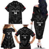 Custom Albania Football Family Matching Off The Shoulder Long Sleeve Dress and Hawaiian Shirt Albanian Kastrioti Eagle - Black Style - Wonder Print Shop