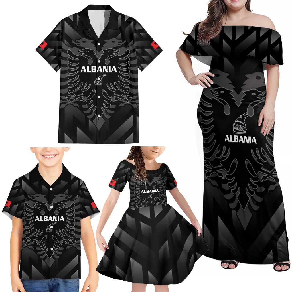 Custom Albania Football Family Matching Off Shoulder Maxi Dress and Hawaiian Shirt Albanian Kastrioti Eagle - Black Style - Wonder Print Shop
