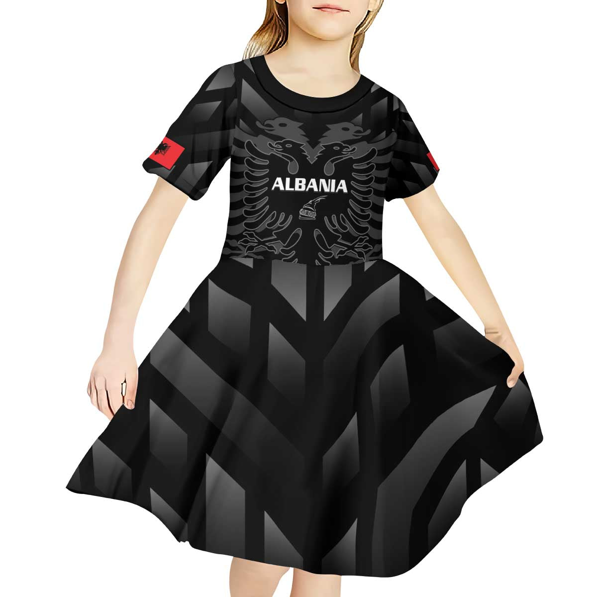 Custom Albania Football Kid Short Sleeve Dress Albanian Kastrioti Eagle - Black Style - Wonder Print Shop