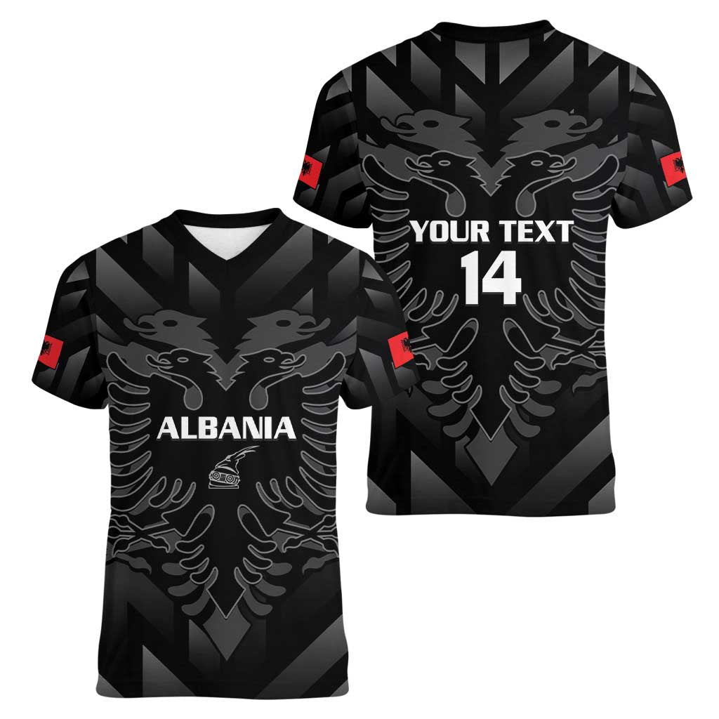 Custom Albania Football Women V-Neck T-Shirt Albanian Kastrioti Eagle - Black Style - Wonder Print Shop
