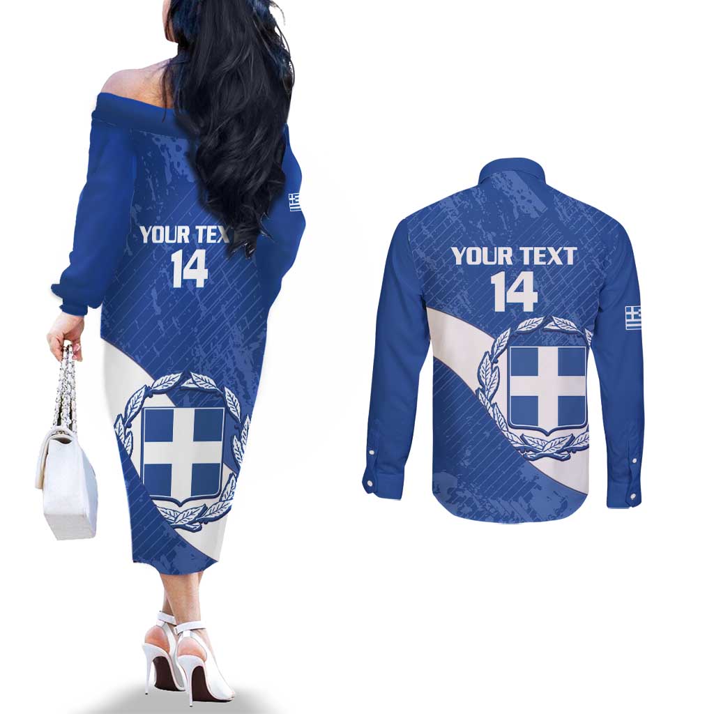 Custom Greece Football Couples Matching Off The Shoulder Long Sleeve Dress and Long Sleeve Button Shirt Ethniki Elladas - Blue Version