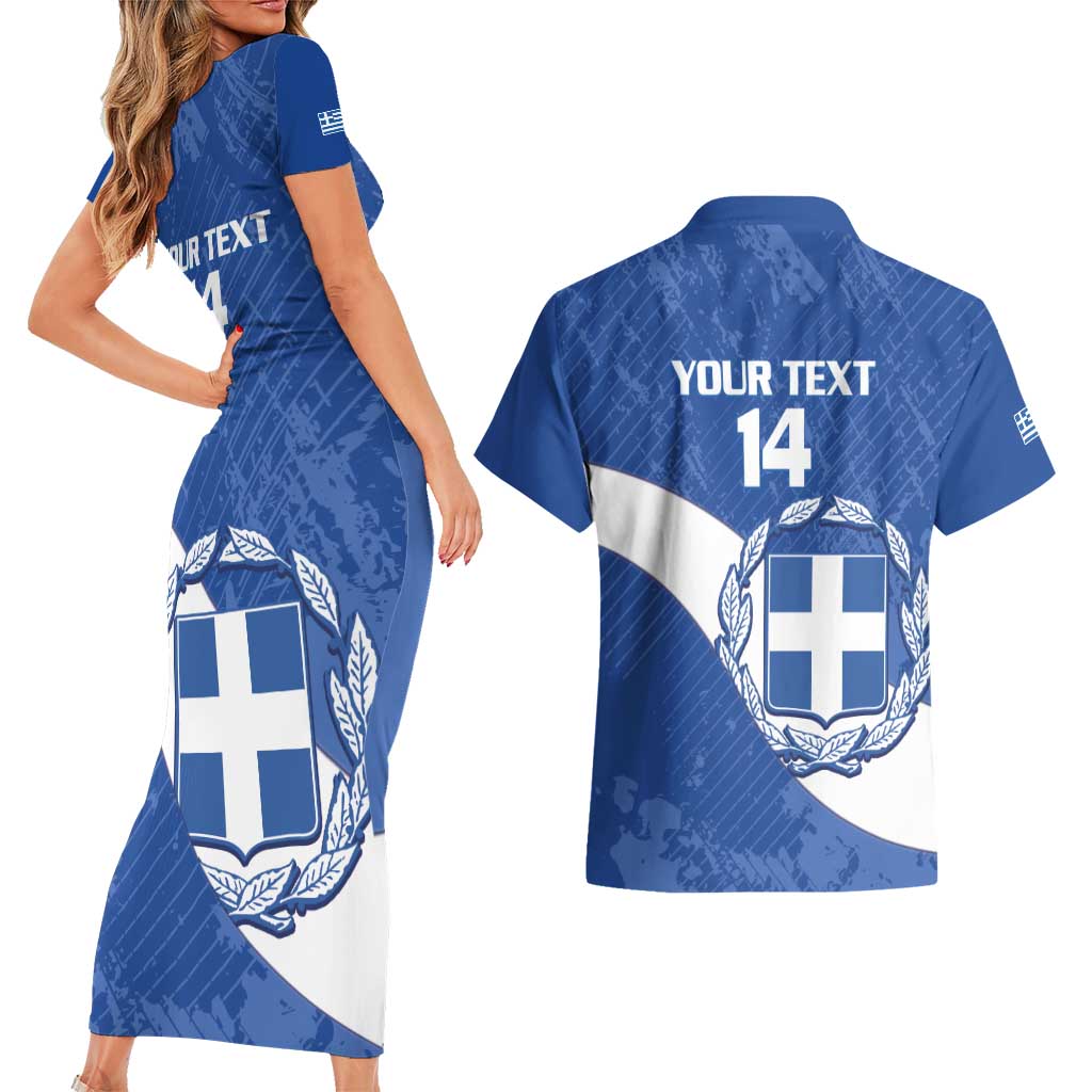 Custom Greece Football Couples Matching Short Sleeve Bodycon Dress and Hawaiian Shirt Ethniki Elladas - Blue Version - Wonder Print Shop