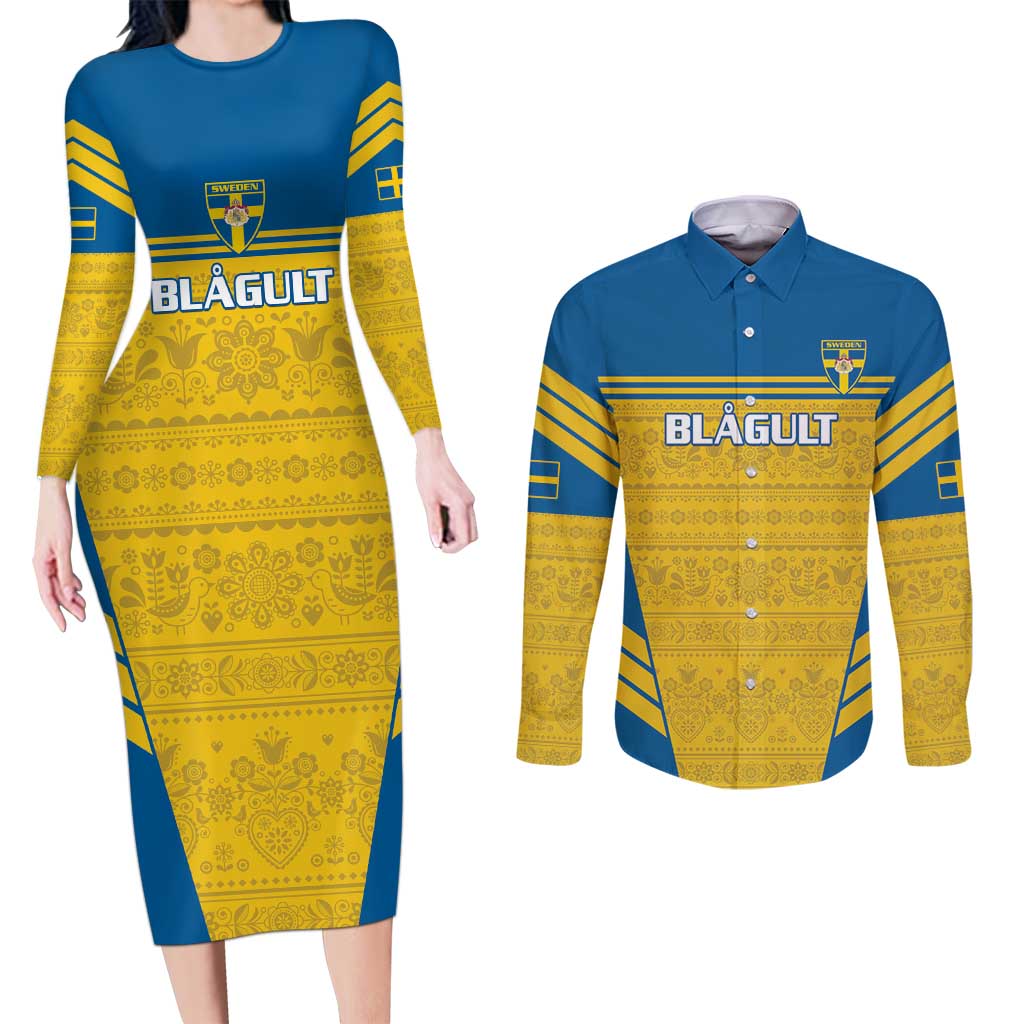 Custom Sweden Football Couples Matching Long Sleeve Bodycon Dress and Long Sleeve Button Shirt Go Blagult - Scandinavian Pattern - Wonder Print Shop