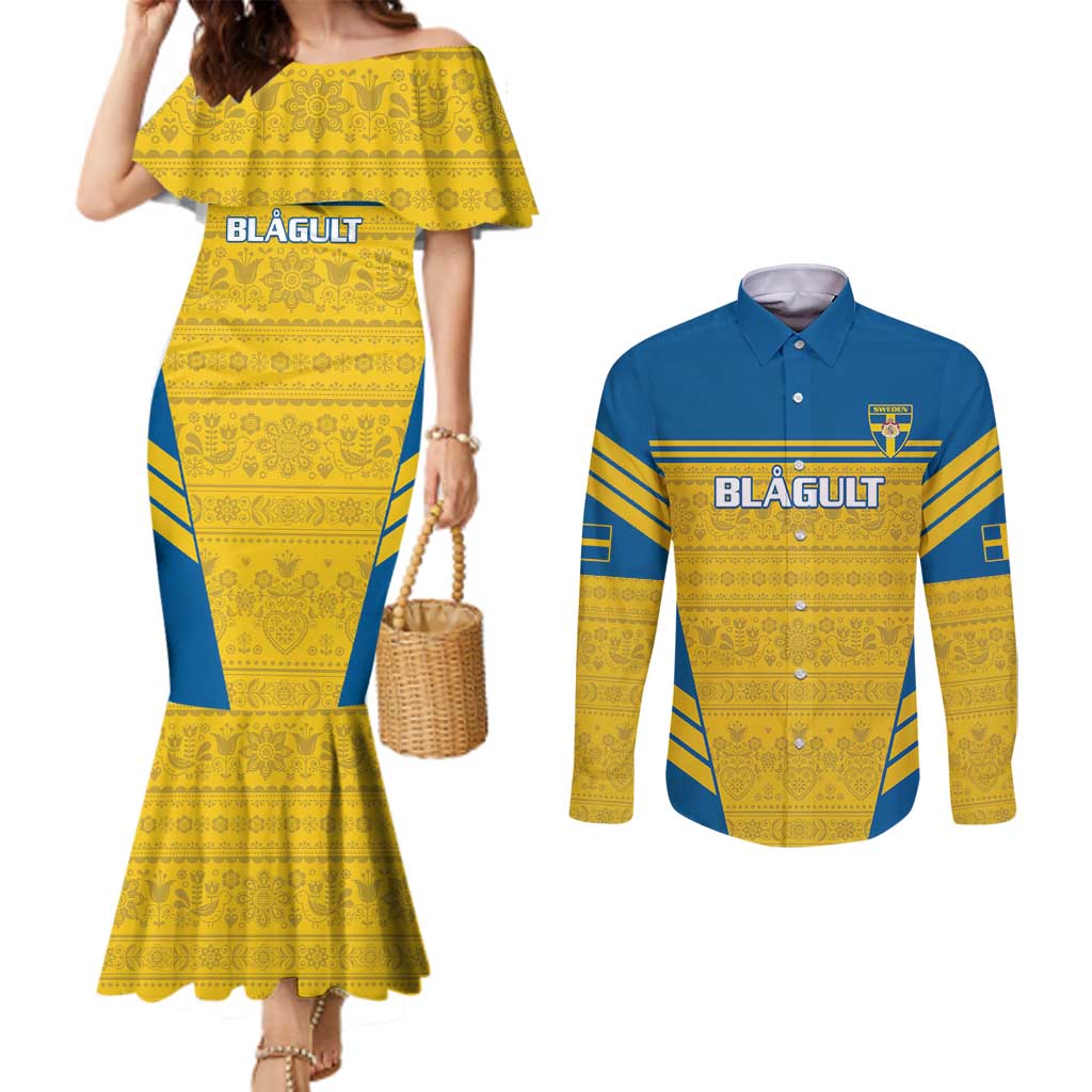 Custom Sweden Football Couples Matching Mermaid Dress and Long Sleeve Button Shirt Go Blagult - Scandinavian Pattern