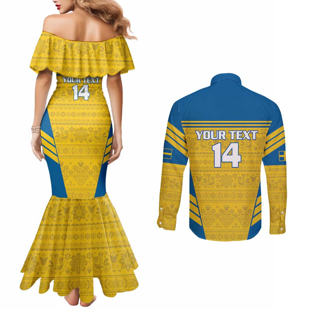 Custom Sweden Football Couples Matching Mermaid Dress and Long Sleeve Button Shirt Go Blagult - Scandinavian Pattern