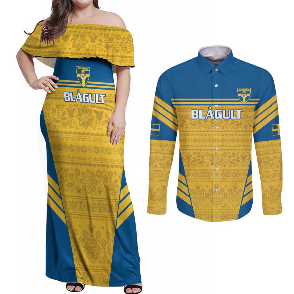 Custom Sweden Football Couples Matching Off Shoulder Maxi Dress and Long Sleeve Button Shirt Go Blagult - Scandinavian Pattern - Wonder Print Shop