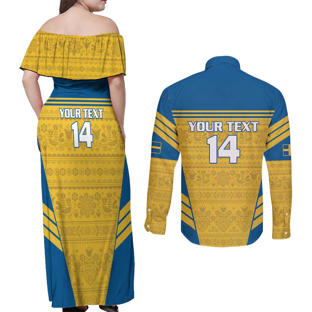 Custom Sweden Football Couples Matching Off Shoulder Maxi Dress and Long Sleeve Button Shirt Go Blagult - Scandinavian Pattern - Wonder Print Shop