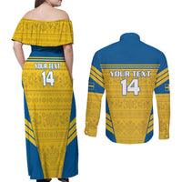 Custom Sweden Football Couples Matching Off Shoulder Maxi Dress and Long Sleeve Button Shirt Go Blagult - Scandinavian Pattern - Wonder Print Shop