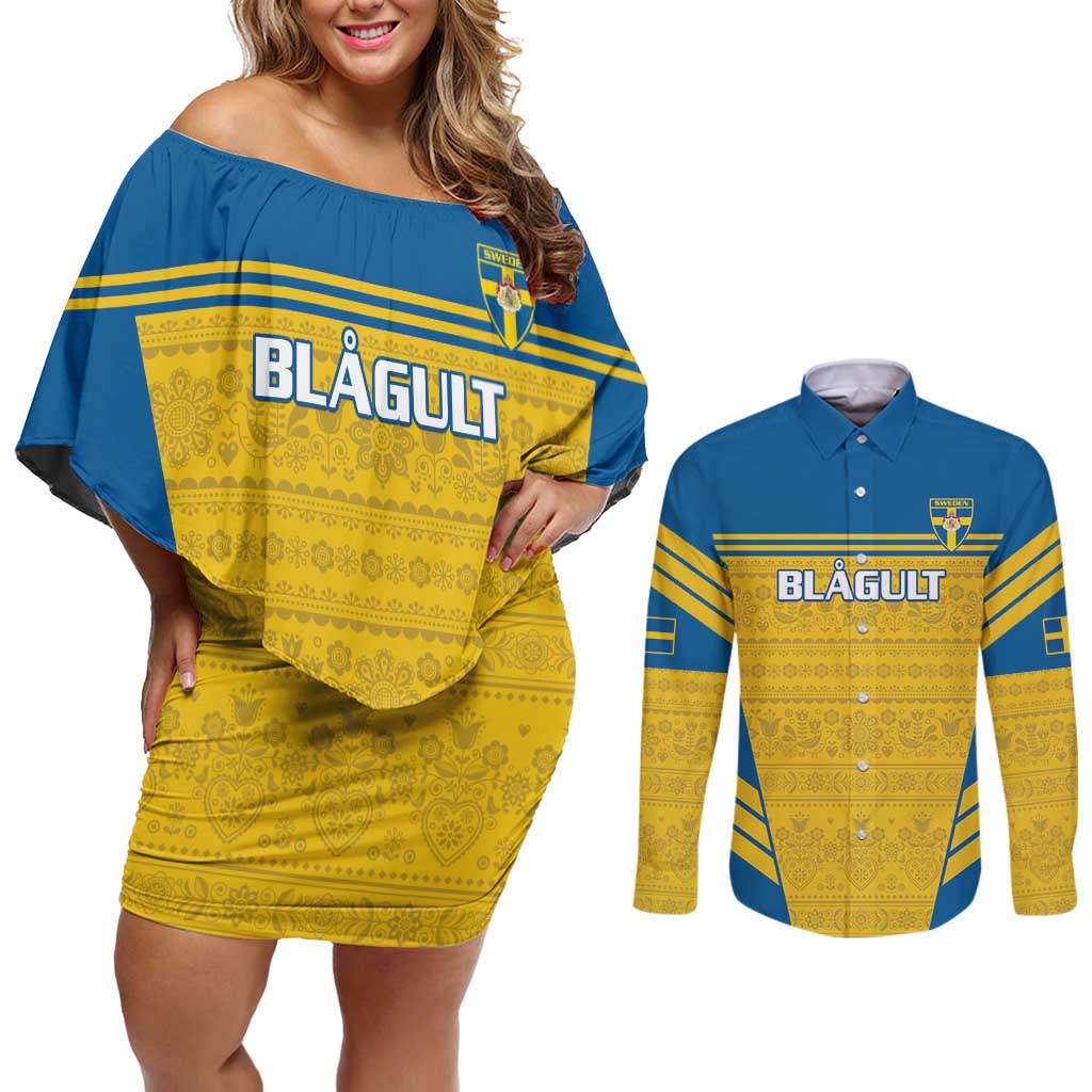 Custom Sweden Football Couples Matching Off Shoulder Short Dress and Long Sleeve Button Shirt Go Blagult - Scandinavian Pattern - Wonder Print Shop