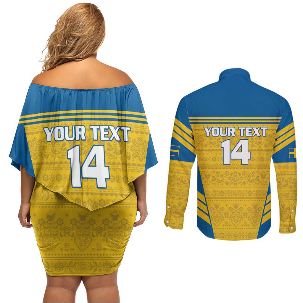 Custom Sweden Football Couples Matching Off Shoulder Short Dress and Long Sleeve Button Shirt Go Blagult - Scandinavian Pattern - Wonder Print Shop