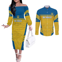 Custom Sweden Football Couples Matching Off The Shoulder Long Sleeve Dress and Long Sleeve Button Shirt Go Blagult - Scandinavian Pattern