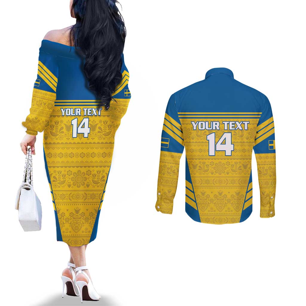 Custom Sweden Football Couples Matching Off The Shoulder Long Sleeve Dress and Long Sleeve Button Shirt Go Blagult - Scandinavian Pattern