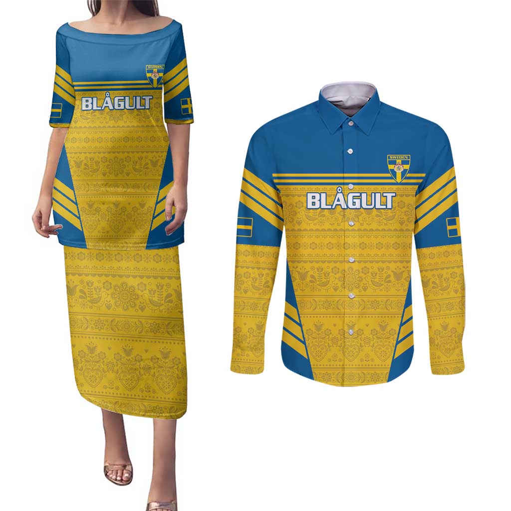 Custom Sweden Football Couples Matching Puletasi and Long Sleeve Button Shirt Go Blagult - Scandinavian Pattern - Wonder Print Shop