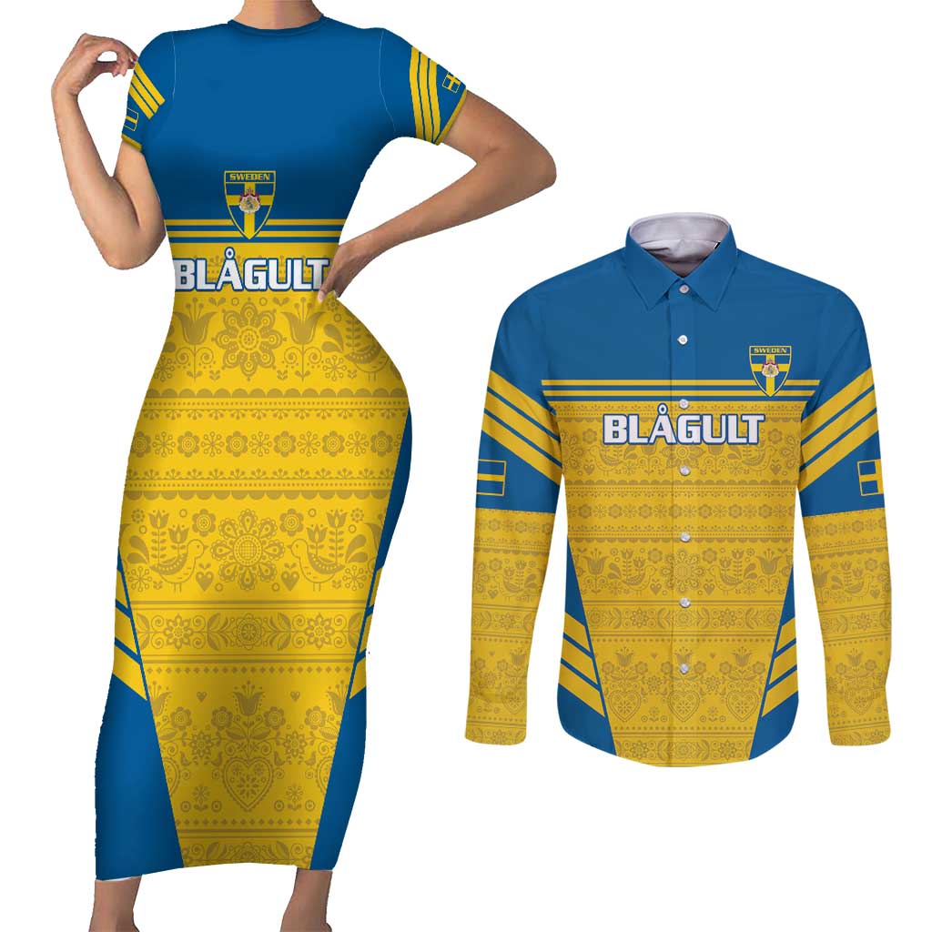 Custom Sweden Football Couples Matching Short Sleeve Bodycon Dress and Long Sleeve Button Shirt Go Blagult - Scandinavian Pattern - Wonder Print Shop