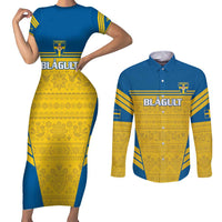 Custom Sweden Football Couples Matching Short Sleeve Bodycon Dress and Long Sleeve Button Shirt Go Blagult - Scandinavian Pattern - Wonder Print Shop